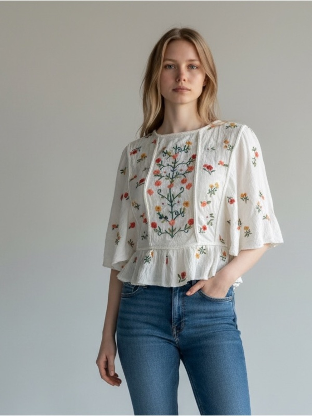 Boho Gauze Embroidered Flutter Sleeve Ruffled Hem Top Size Small